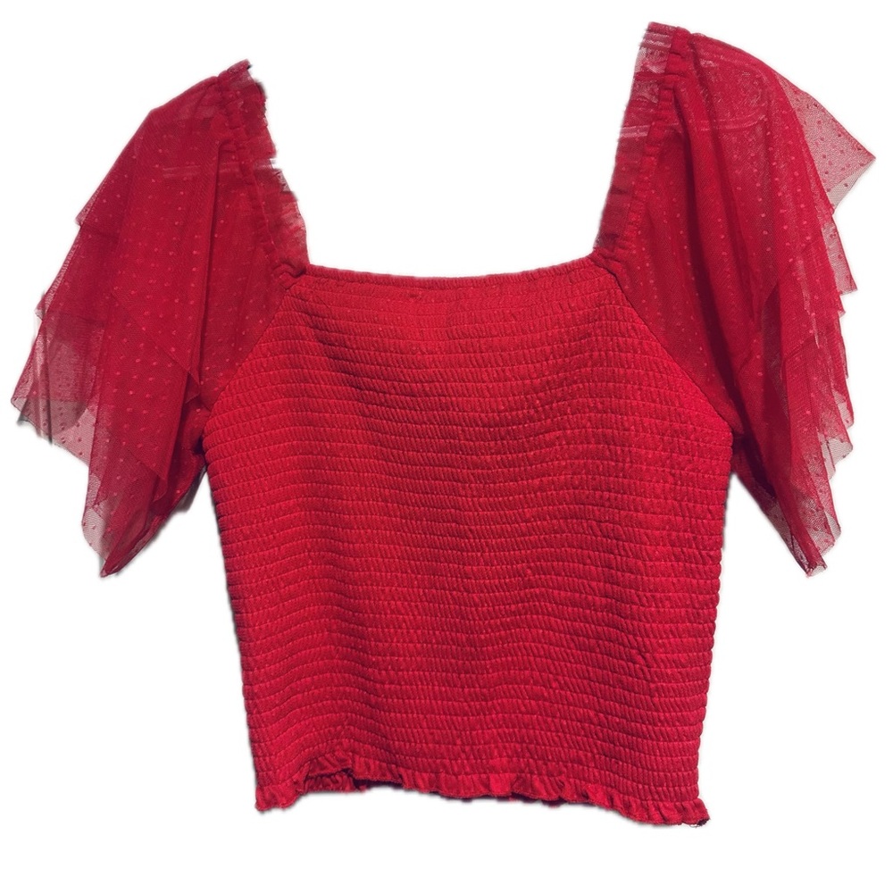 Willow & Root Square-Neck Smocked Puff-Sleeve/tulle Top in Coral - Picture 4 of 15